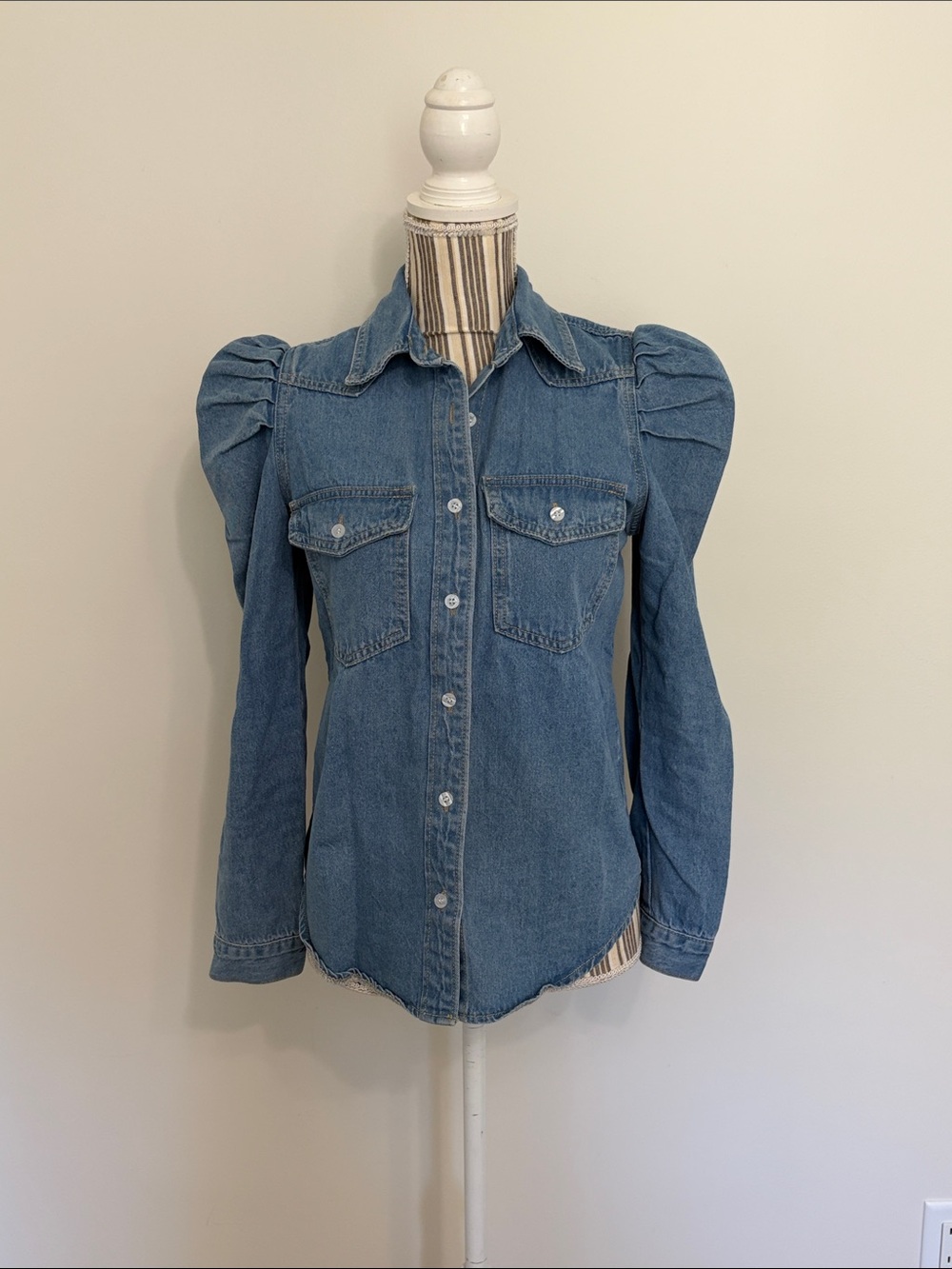 SHEIN Blue Denim Puff-Sleeve Button-Down Shirt